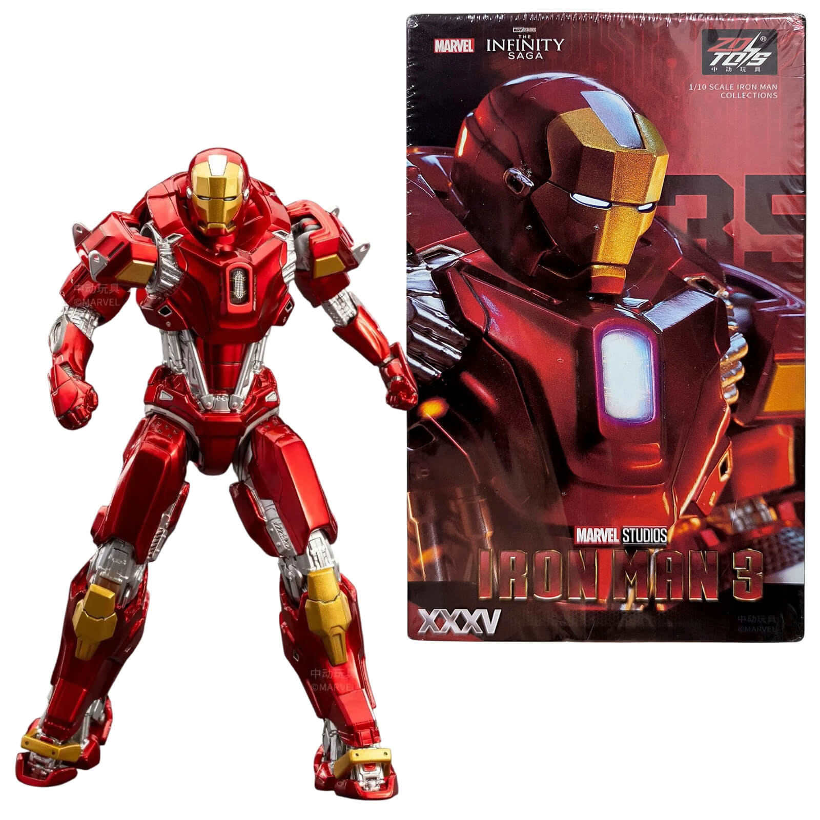 Figura Iron Man Mark 35 The Infinity Saga junto a su empaque original de Marvel Studios.
