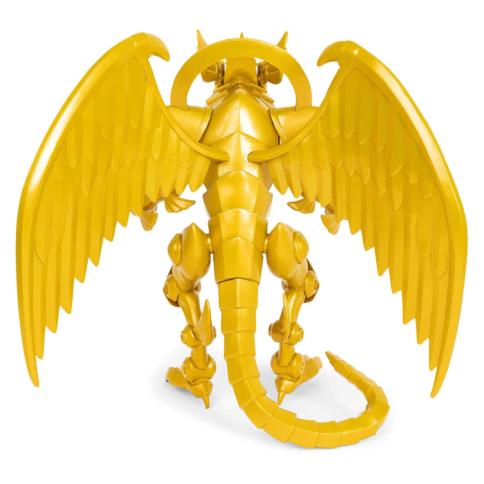 Vista posterior de la figura El Dragón Alado de Ra de Yu-Gi-Oh! de PhatMojo con alas extendidas.