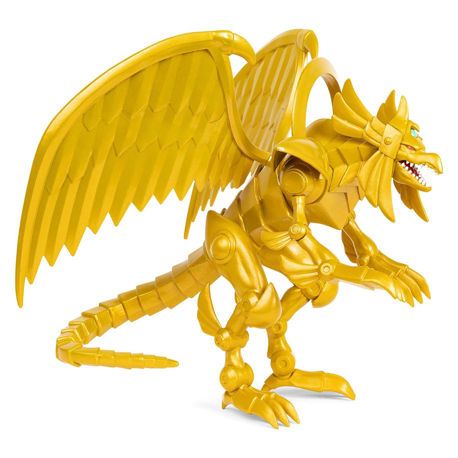 Vista en perspectiva de la figura El Dragón Alado de Ra de Yu-Gi-Oh! de PhatMojo con alas desplegadas.